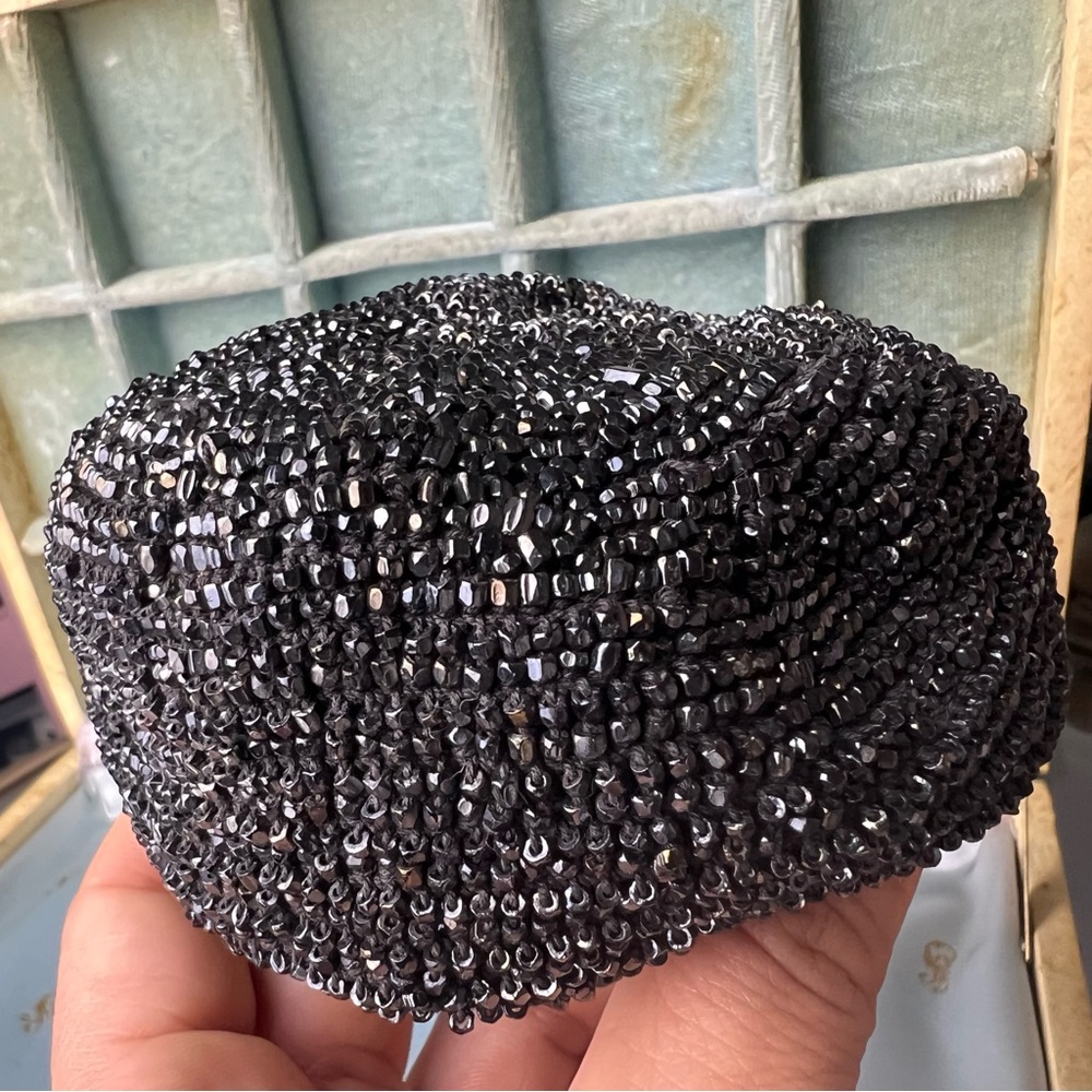 Vintage Black Beaded Hair Bun Cover | Mid Century Glass Bead Snood/Chignon